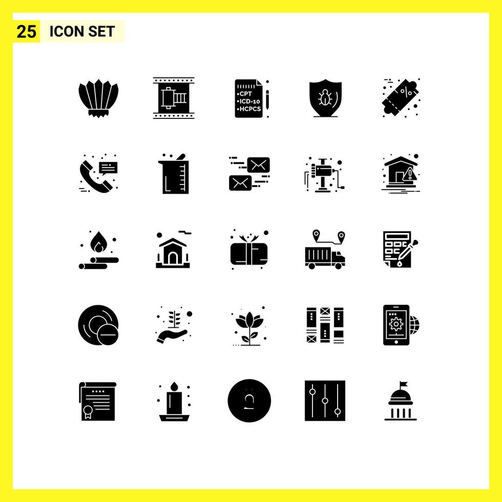 Set of 25 Vector Solid Glyphs on Grid for shield protect movie reel programing medical Editable Vector Design Elements