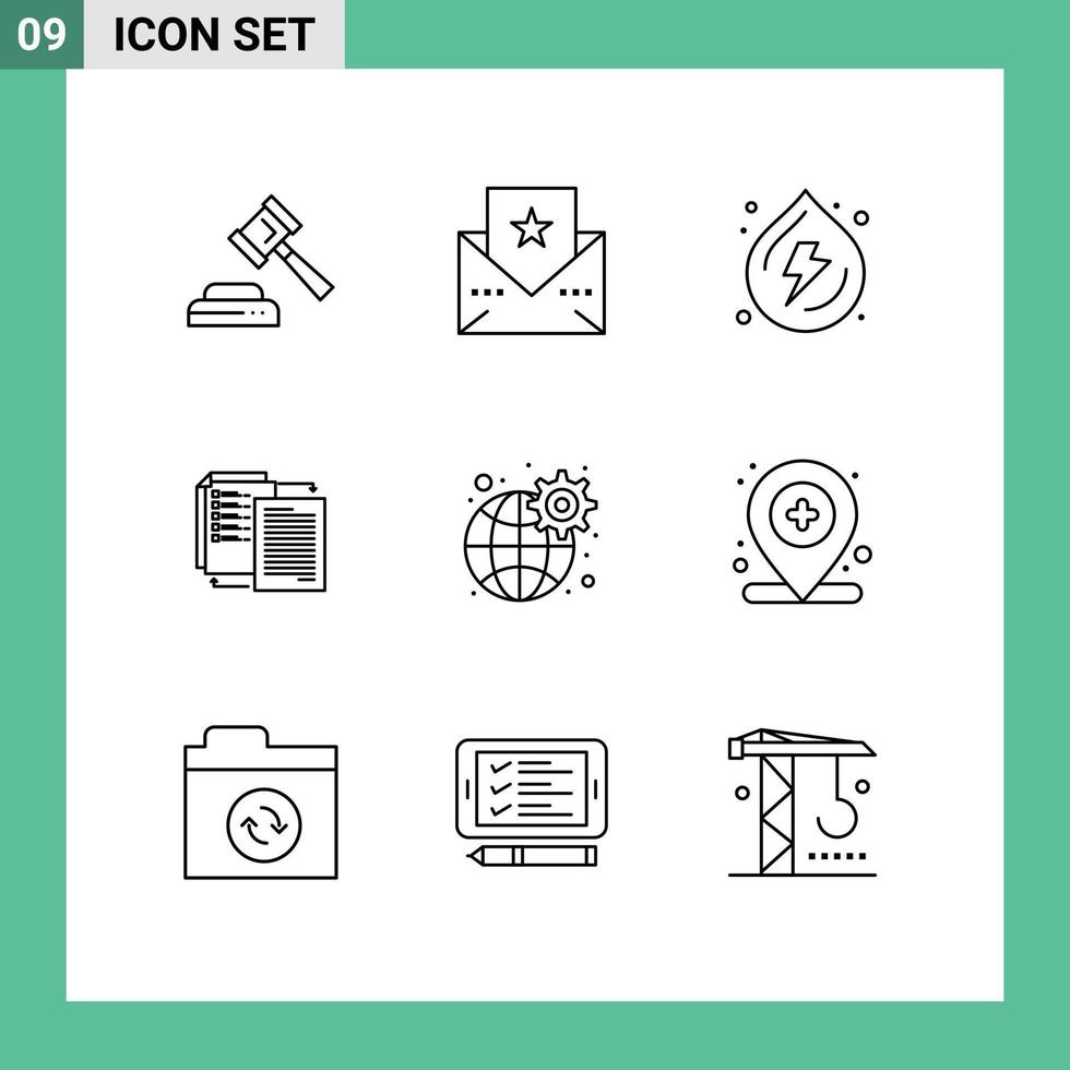 Modern Set of 9 Outlines and symbols such as network gear water shareit transfer Editable Vector Design Elements