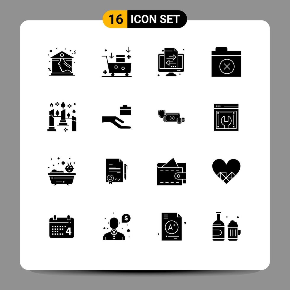 16 Solid Glyph concept for Websites Mobile and Apps candles folder emarketing files transfer Editable Vector Design Elements