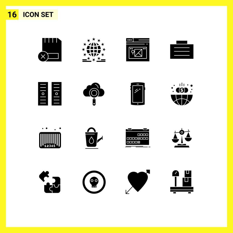 Group of 16 Modern Solid Glyphs Set for data center finance network case web Editable Vector Design Elements