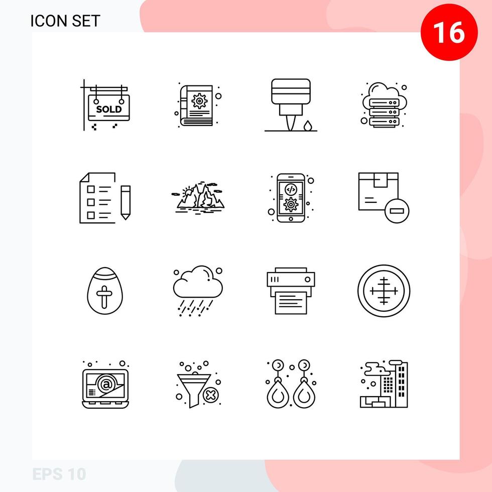 Group of 16 Outlines Signs and Symbols for research web engine server hosting Editable Vector Design Elements