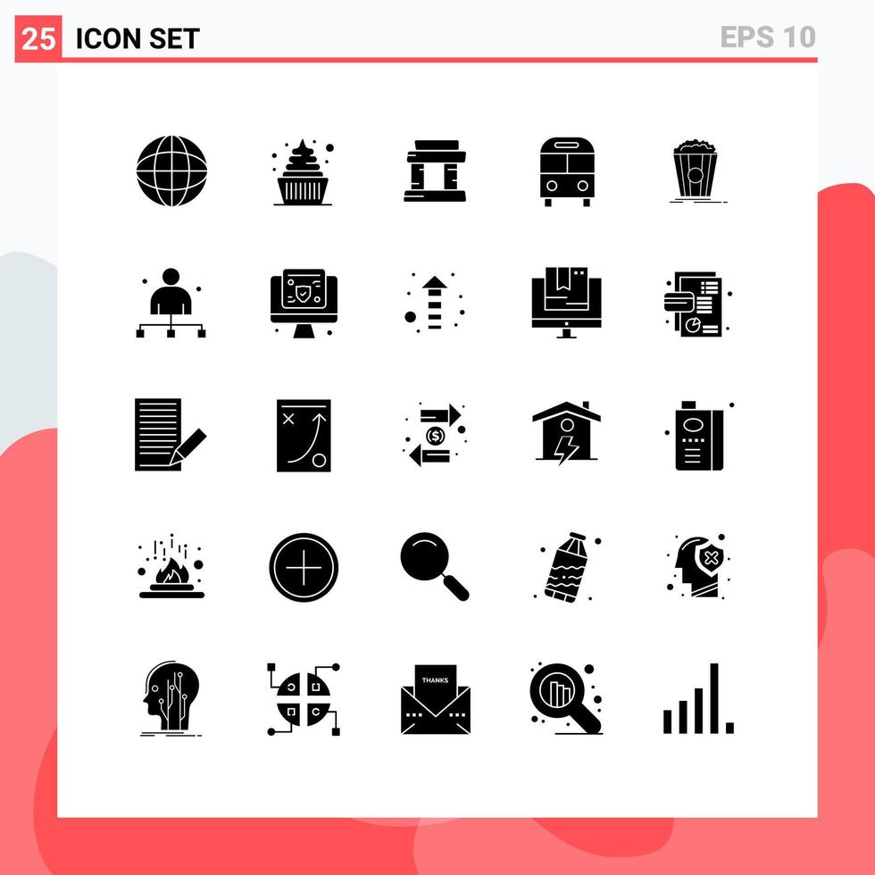25 Thematic Vector Solid Glyphs and Editable Symbols of movie popcorn paris transport deliver Editable Vector Design Elements