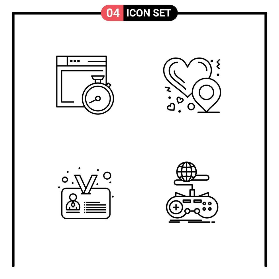 Mobile Interface Line Set of 4 Pictograms of file identity computing love location game Editable Vector Design Elements