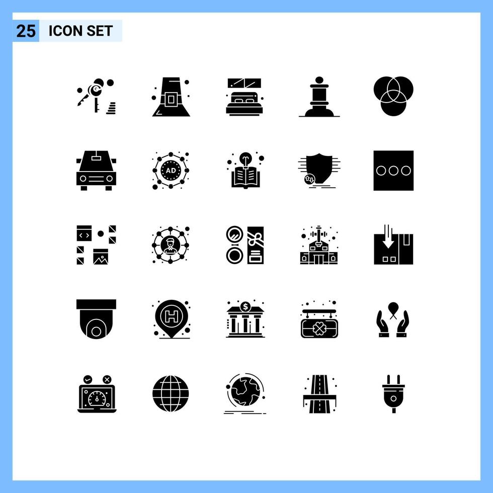 Group of 25 Modern Solid Glyphs Set for ad car hotel rgb chess Editable Vector Design Elements