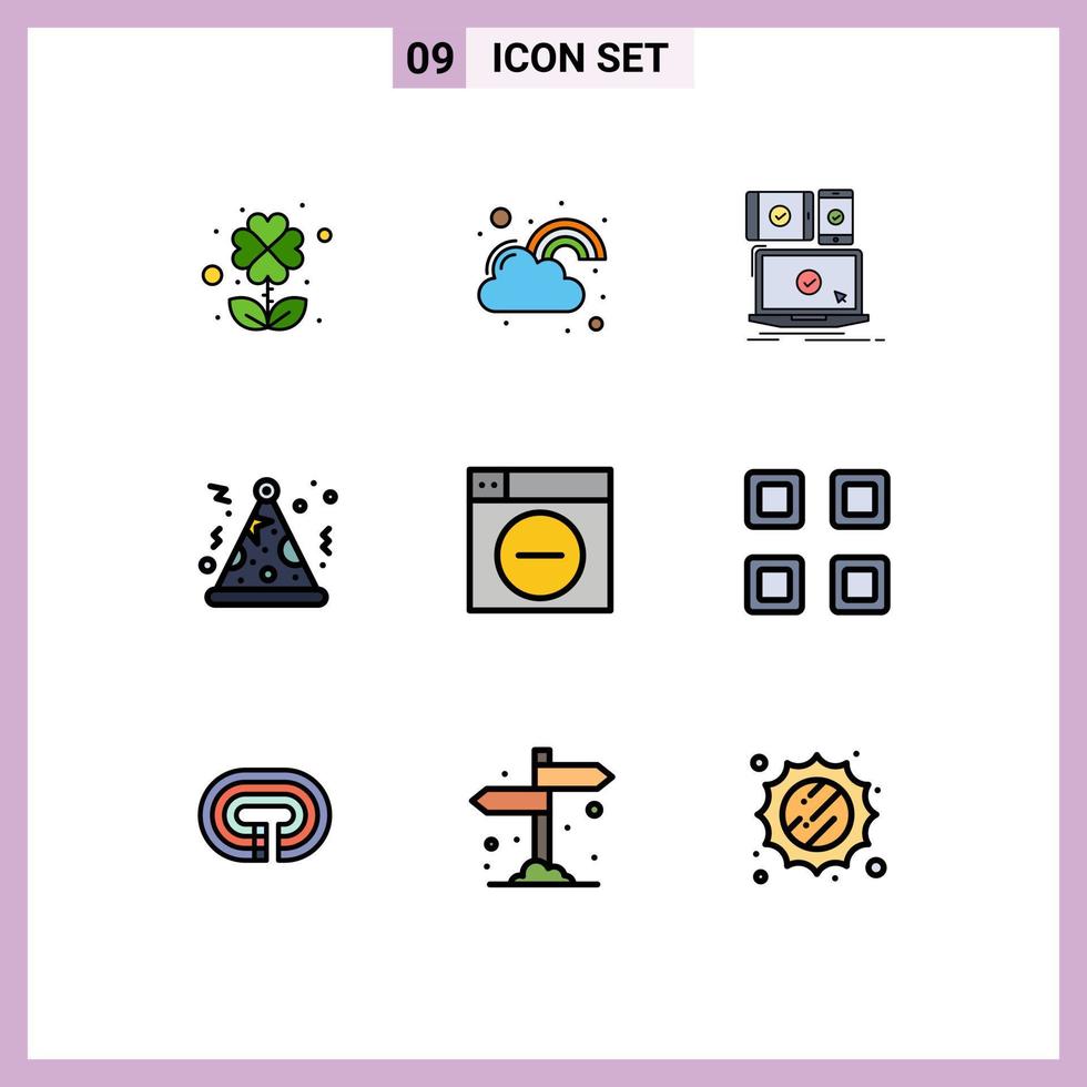 User Interface Pack of 9 Basic Filledline Flat Colors of design night computer party technology Editable Vector Design Elements