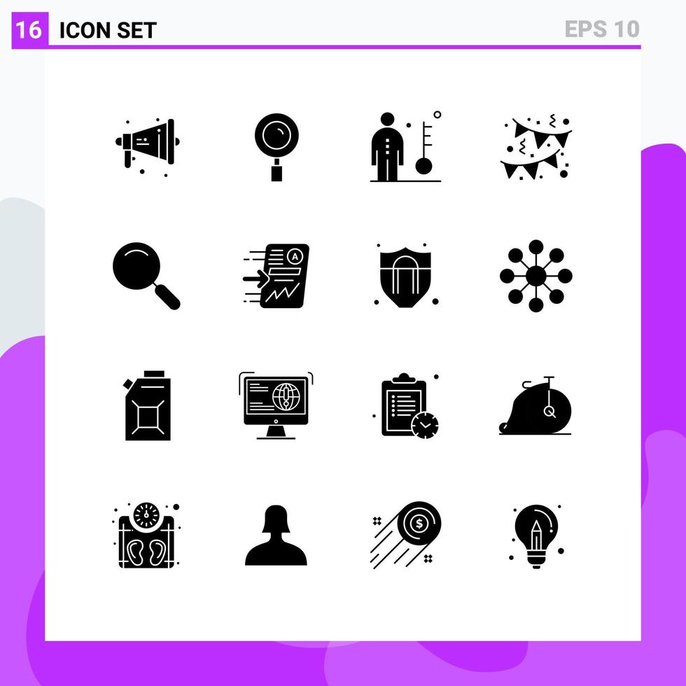 Mobile Interface Solid Glyph Set of 16 Pictograms of magnifier party employee decoration person Editable Vector Design Elements