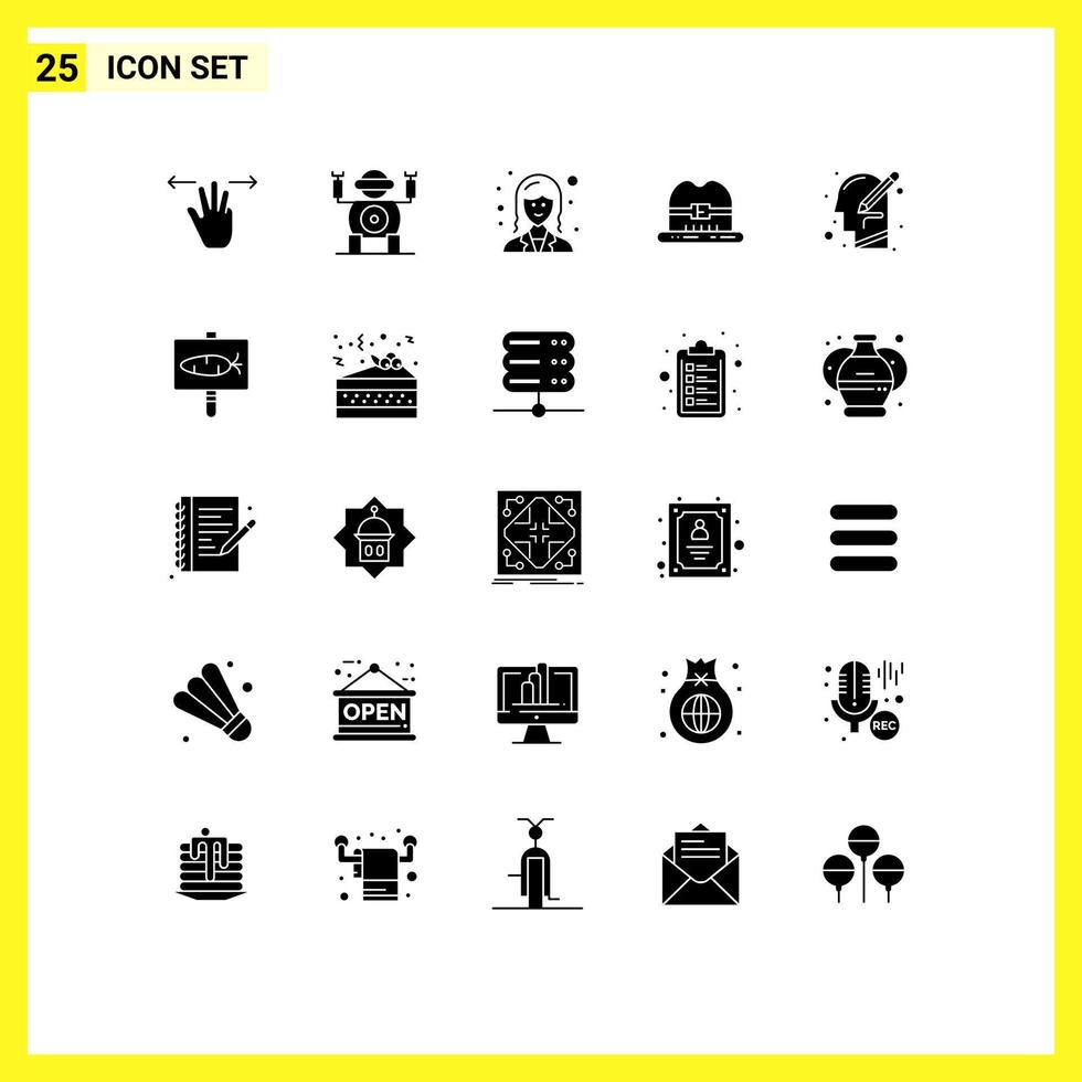 25 Thematic Vector Solid Glyphs and Editable Symbols of thinking human employee head hat Editable Vector Design Elements