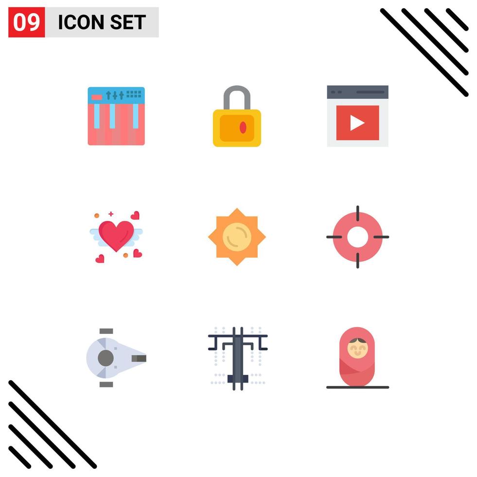 9 User Interface Flat Color Pack of modern Signs and Symbols of sun heart communication love vide Editable Vector Design Elements