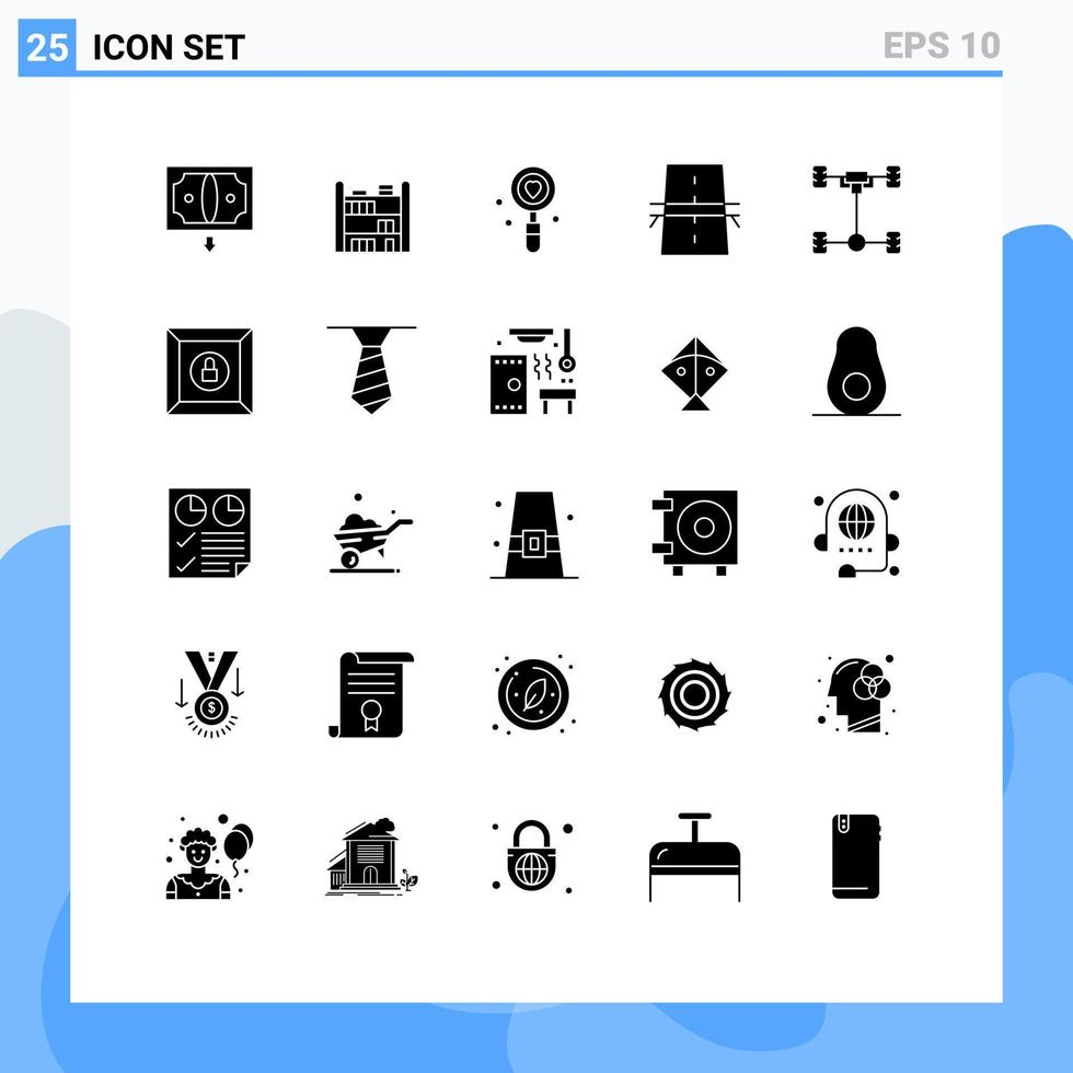 Universal Icon Symbols Group of 25 Modern Solid Glyphs of auto grid heart creative bridge Editable Vector Design Elements