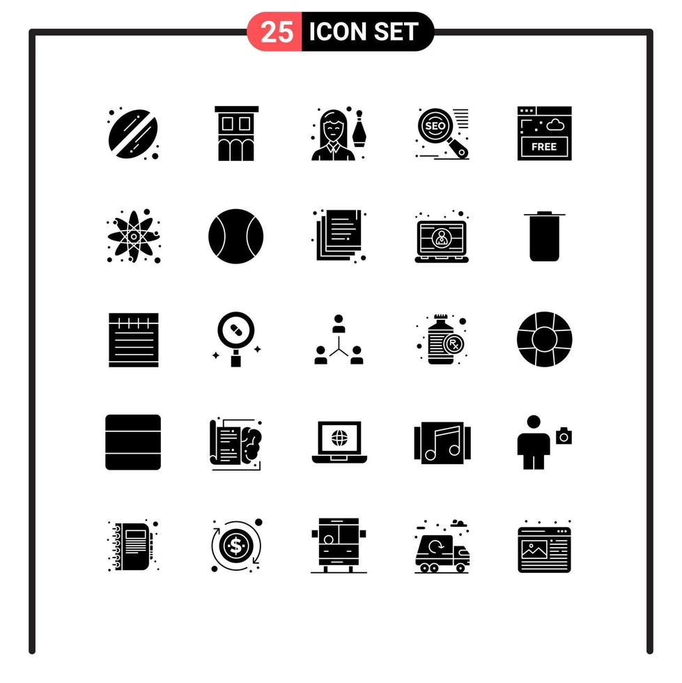 Mobile Interface Solid Glyph Set of 25 Pictograms of free marketing bowling seo person Editable Vector Design Elements