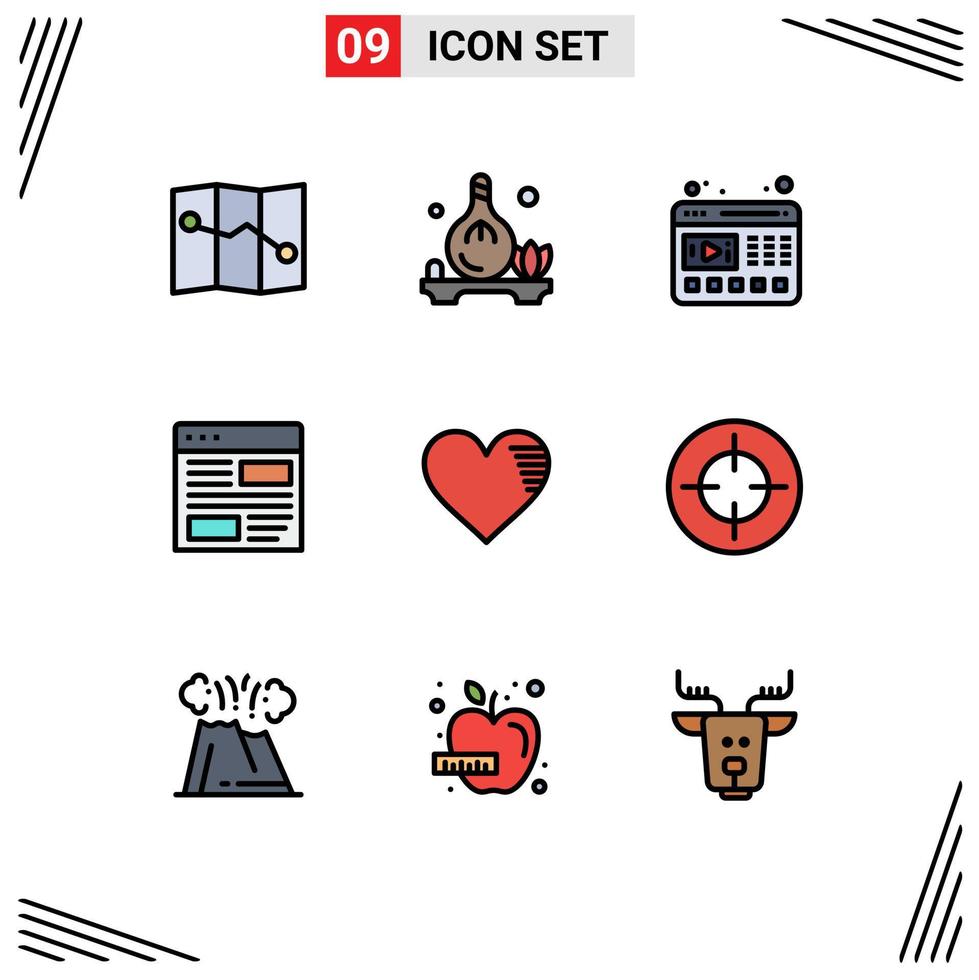 Mobile Interface Filledline Flat Color Set of 9 Pictograms of like heart web page development Editable Vector Design Elements