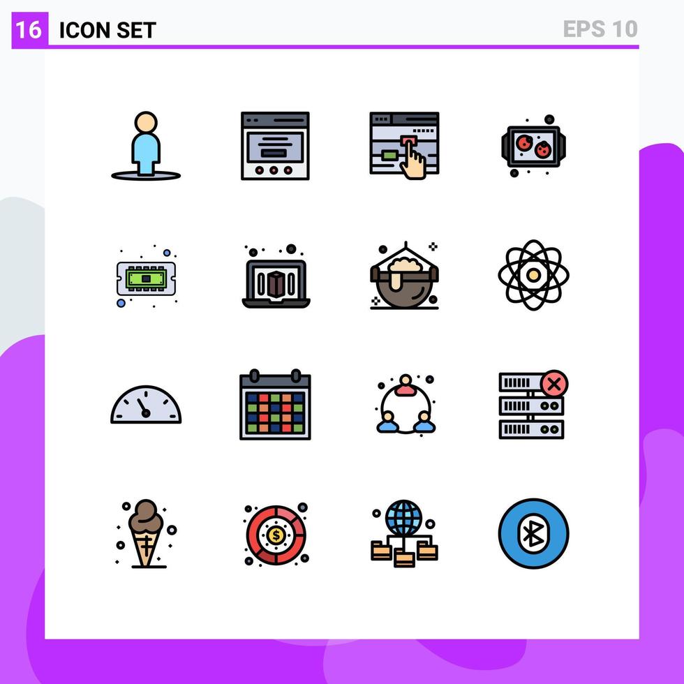Pictogram Set of 16 Simple Flat Color Filled Lines of cpu chip finger tray cookies Editable Creative Vector Design Elements