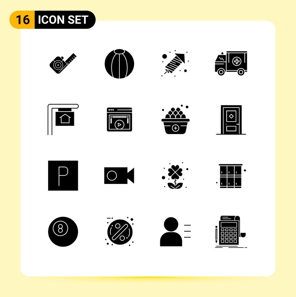 Pack of 16 Modern Solid Glyphs Signs and Symbols for Web Print Media such as house van rocket help truck Editable Vector Design Elements