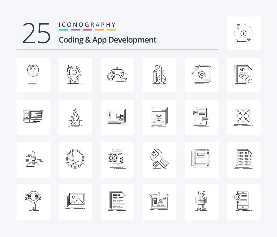 Coding And App Development 25 Line icon pack including chemistry. virus. app. mobile vector