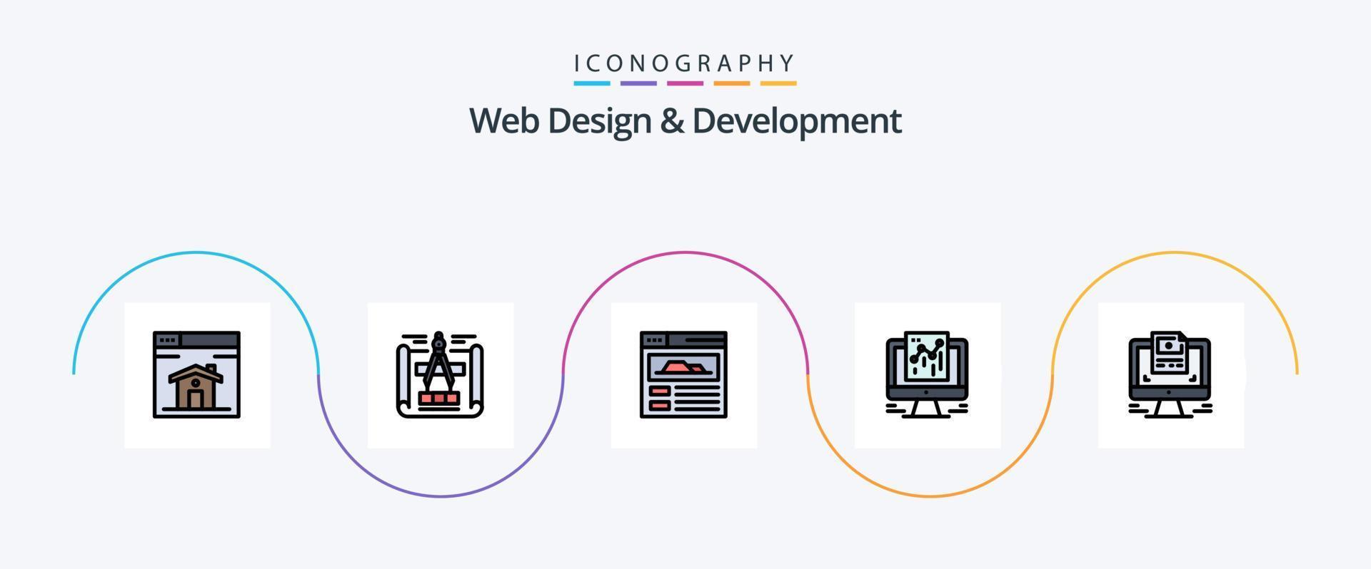 web diseño y desarrollo línea lleno plano 5 5 icono paquete incluso . diseño. web página. computadora. web vector