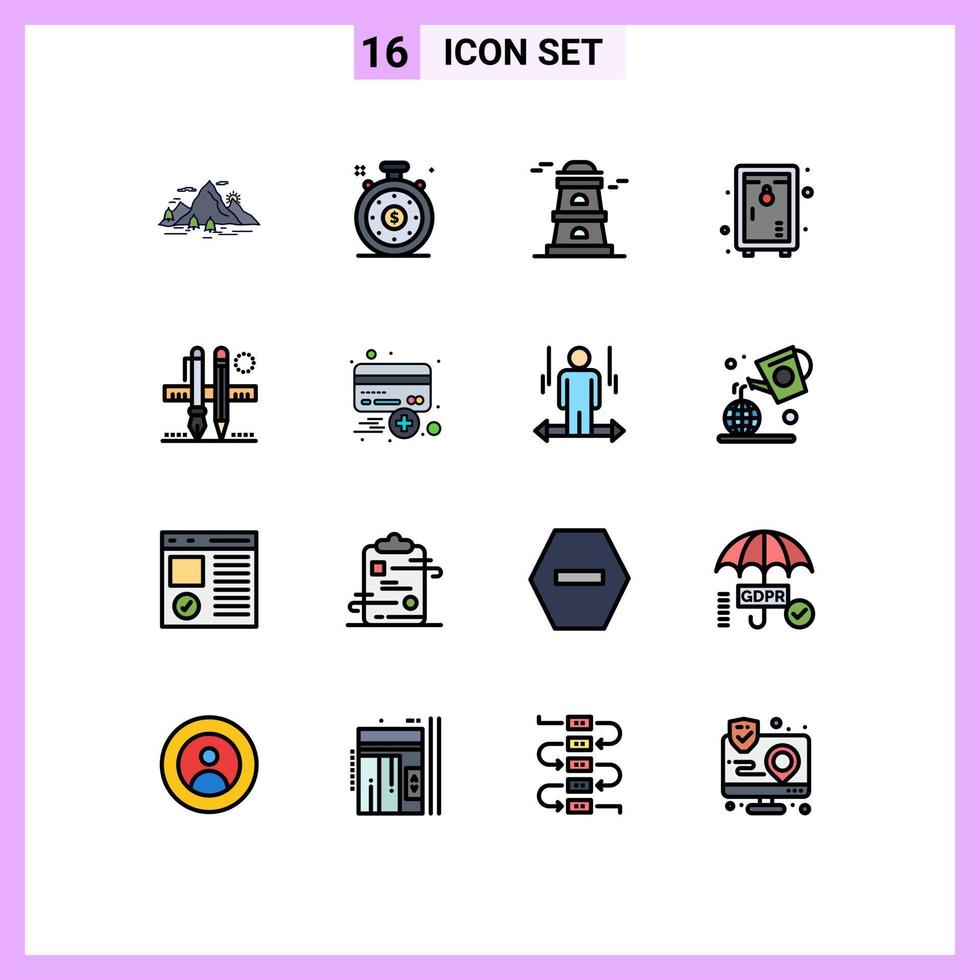 Mobile Interface Flat Color Filled Line Set of 16 Pictograms of pencil stationary observatory garden lock Editable Creative Vector Design Elements