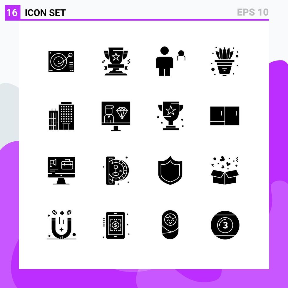 Group of 16 Solid Glyphs Signs and Symbols for pot flower medal person human Editable Vector Design Elements