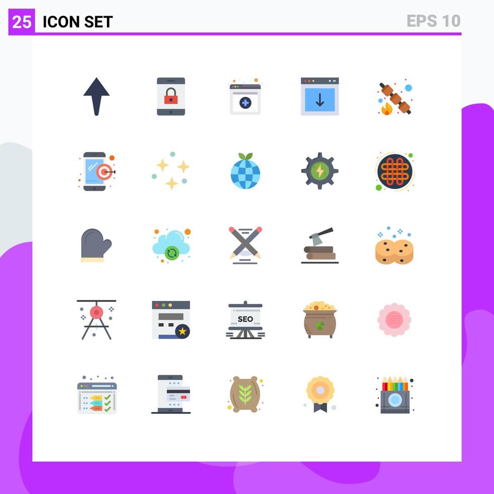 Editable Vector Line Pack of 25 Simple Flat Colors of dartboard food app picnic south Editable Vector Design Elements