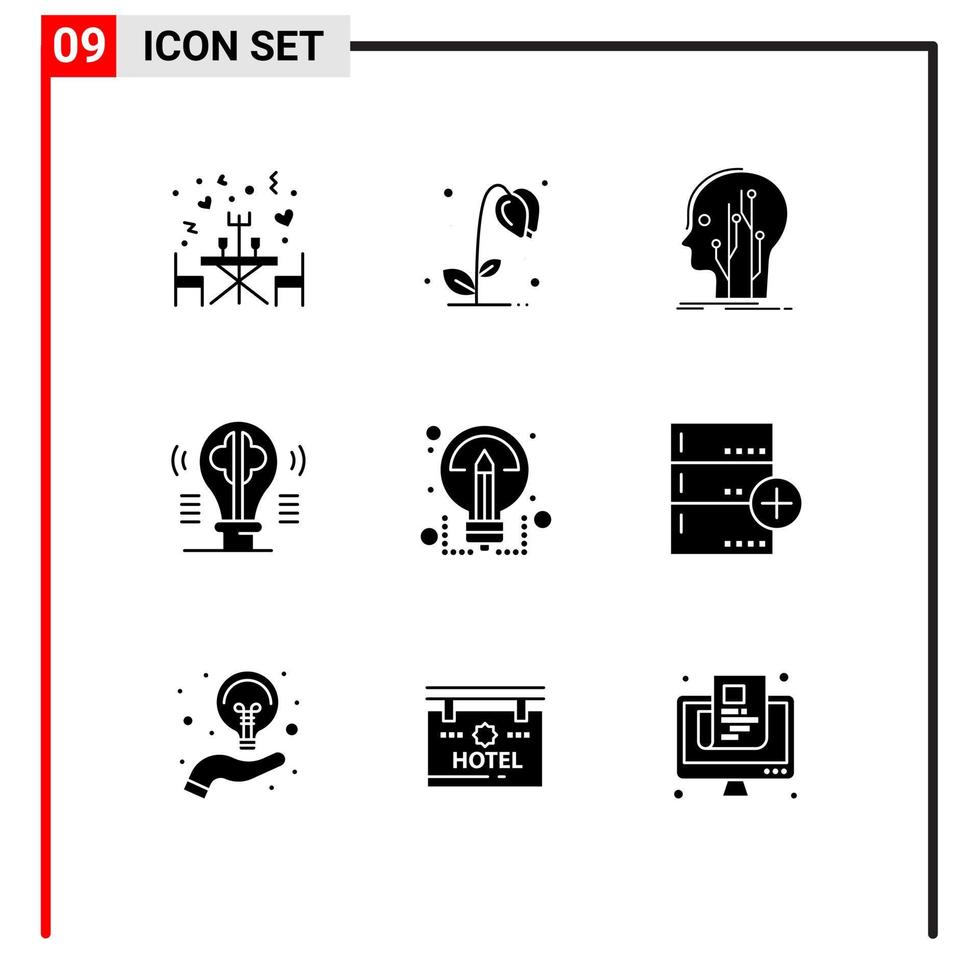 Group of 9 Solid Glyphs Signs and Symbols for imagination content data bulb network Editable Vector Design Elements