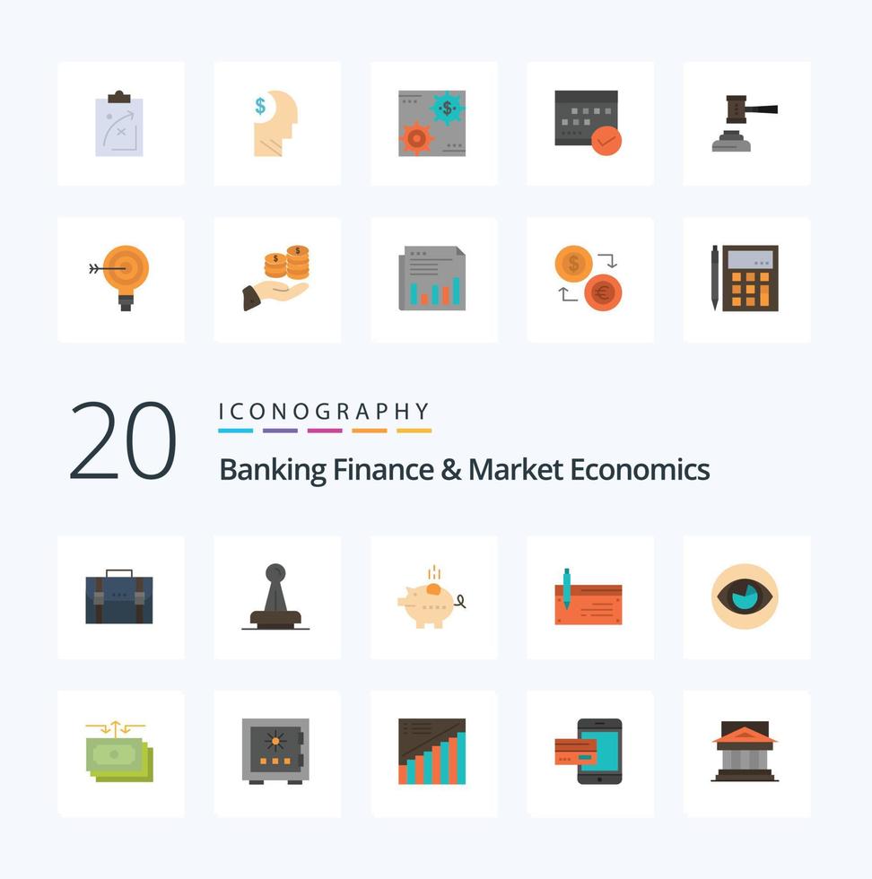 20 Banking Finance And Market Economics Flat Color icon Pack like safe economy approval piggybank rubber vector