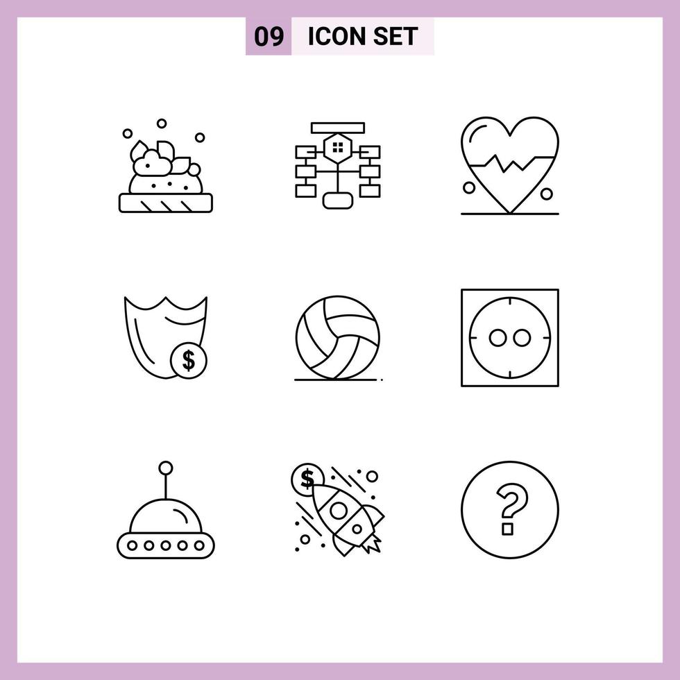 Group of 9 Outlines Signs and Symbols for football security beat secure guard Editable Vector Design Elements