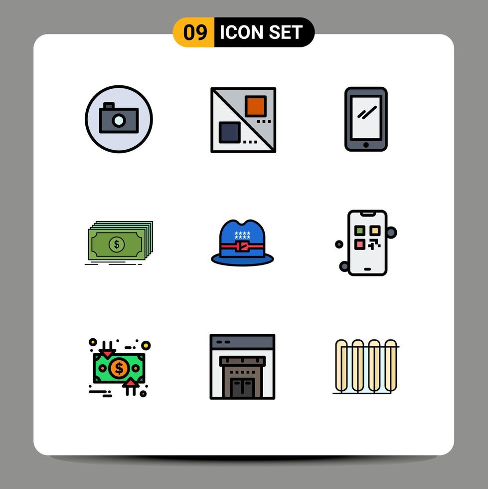 User Interface Pack of 9 Basic Filledline Flat Colors of hat funds smart phone finance cash Editable Vector Design Elements