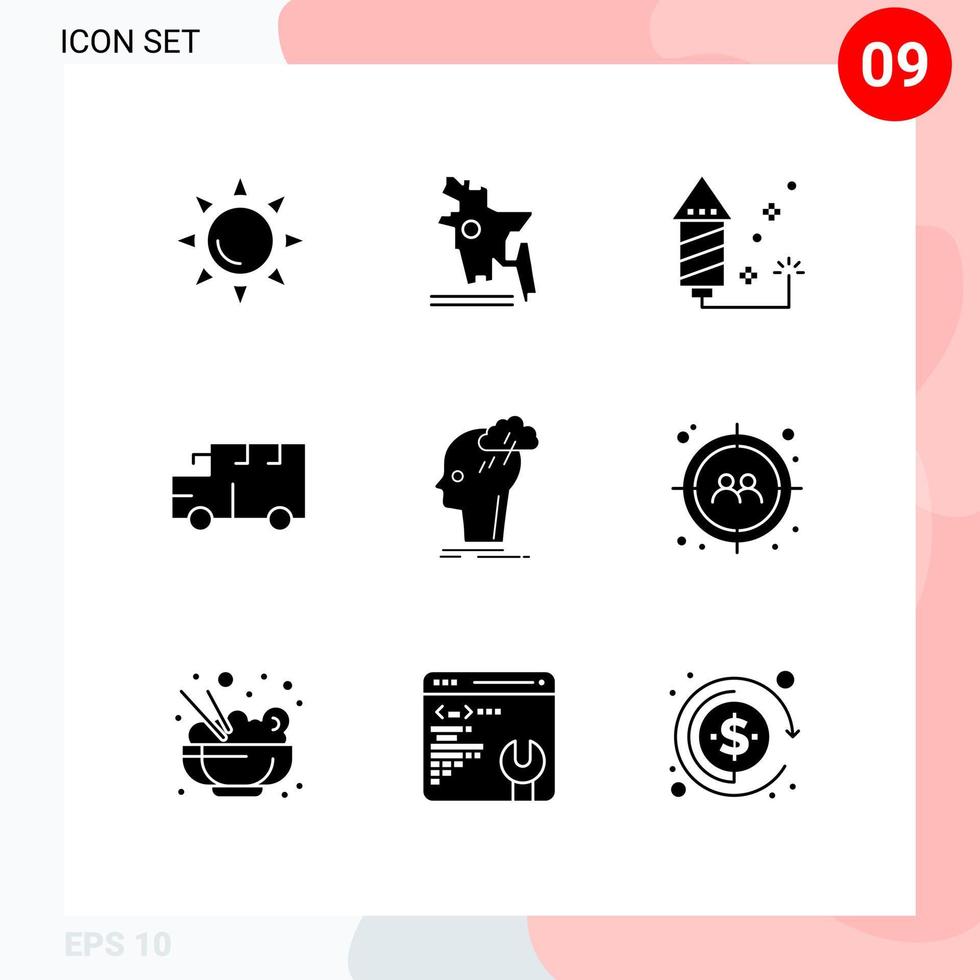 9 User Interface Solid Glyph Pack of modern Signs and Symbols of idea creative fireworks brainstorm transportation Editable Vector Design Elements