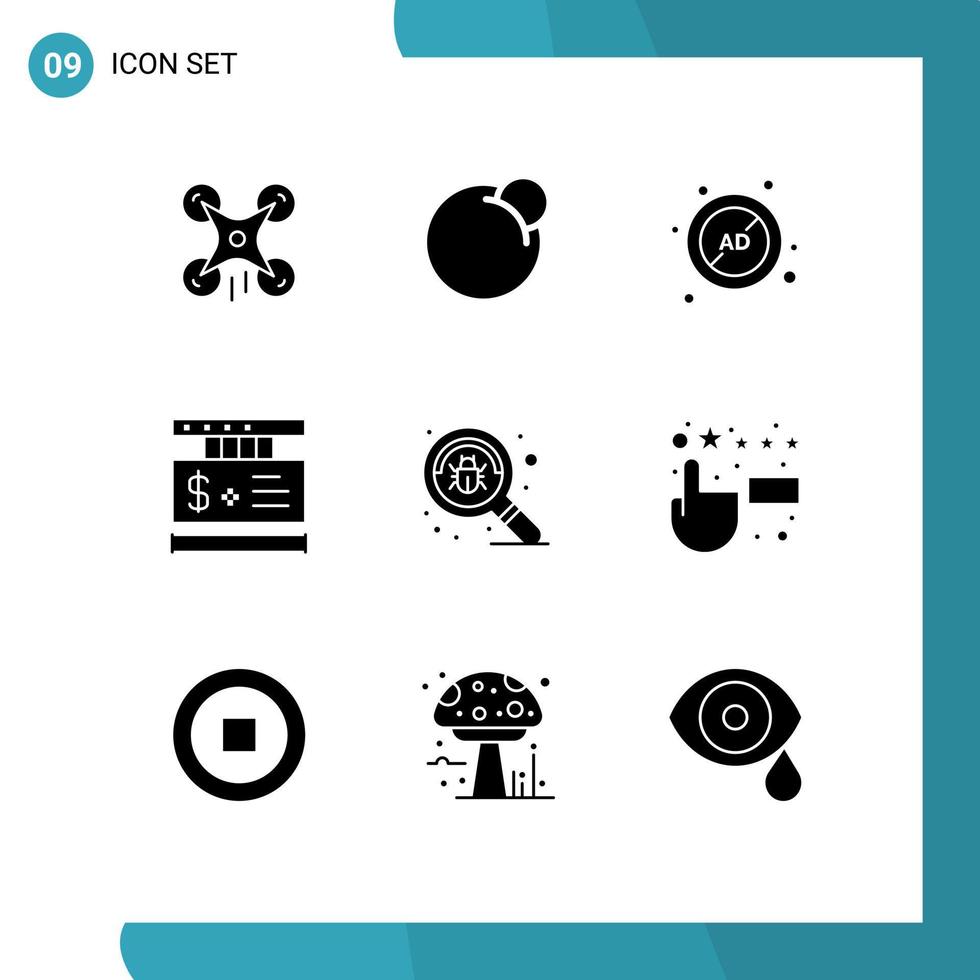 Universal Icon Symbols Group of 9 Modern Solid Glyphs of bug online ad tag protection Editable Vector Design Elements