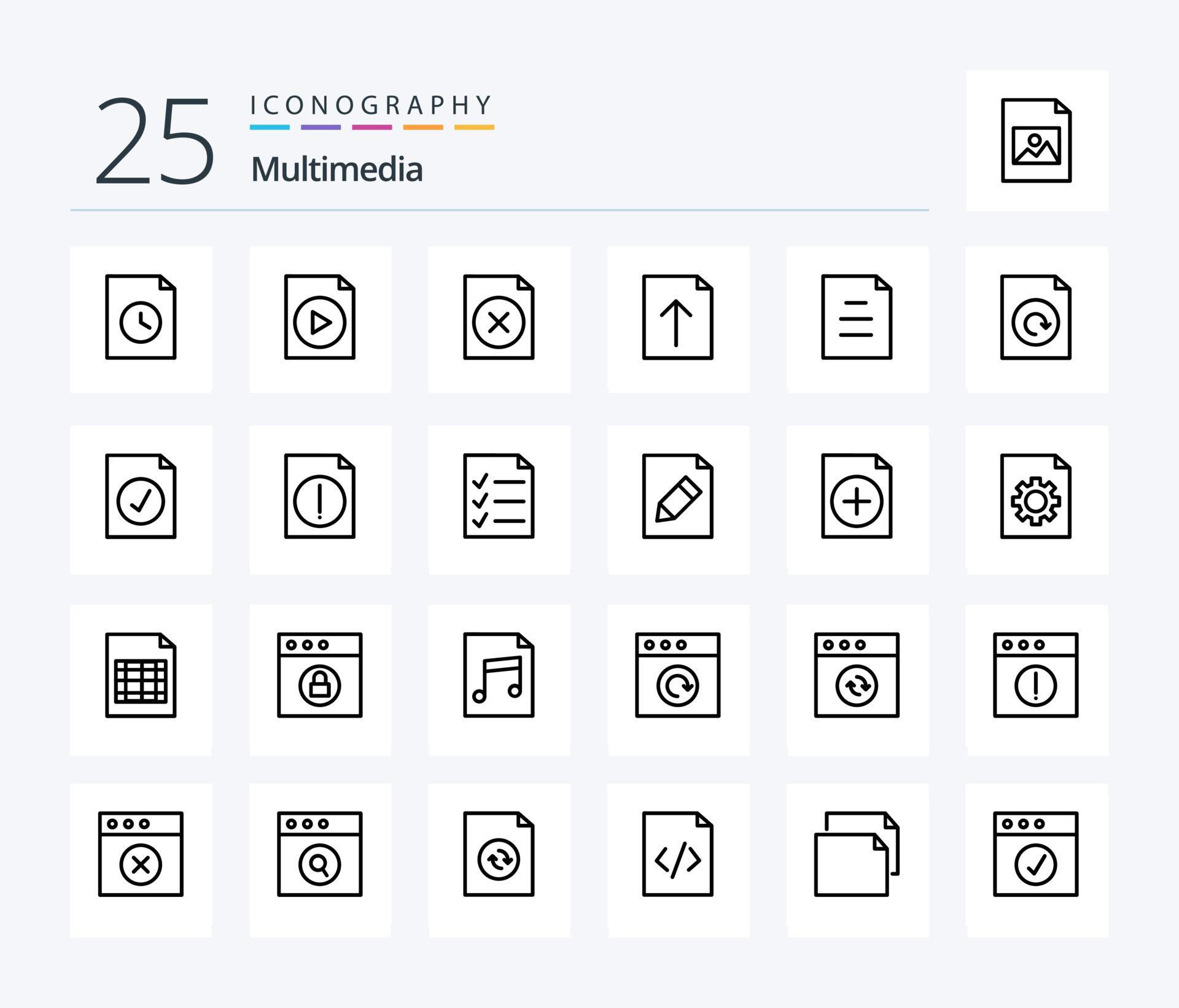 Multimedia 25 line icon pack including reload document file text