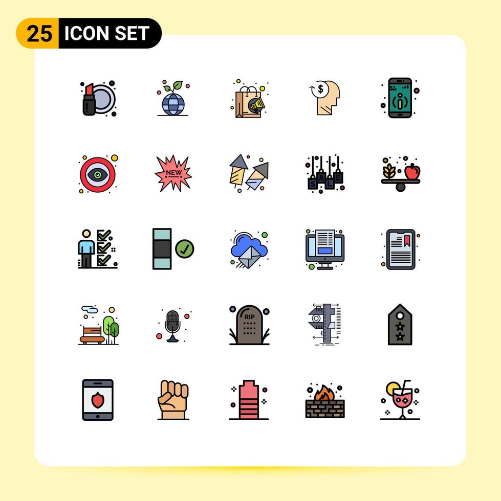 Set of 25 Commercial Filled line Flat Colors pack for business employee bag costs account Editable Vector Design Elements