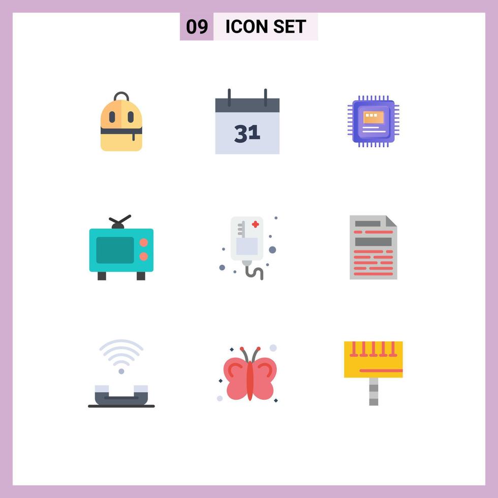 Pictogram Set of 9 Simple Flat Colors of medical infusion storage drip television Editable Vector Design Elements