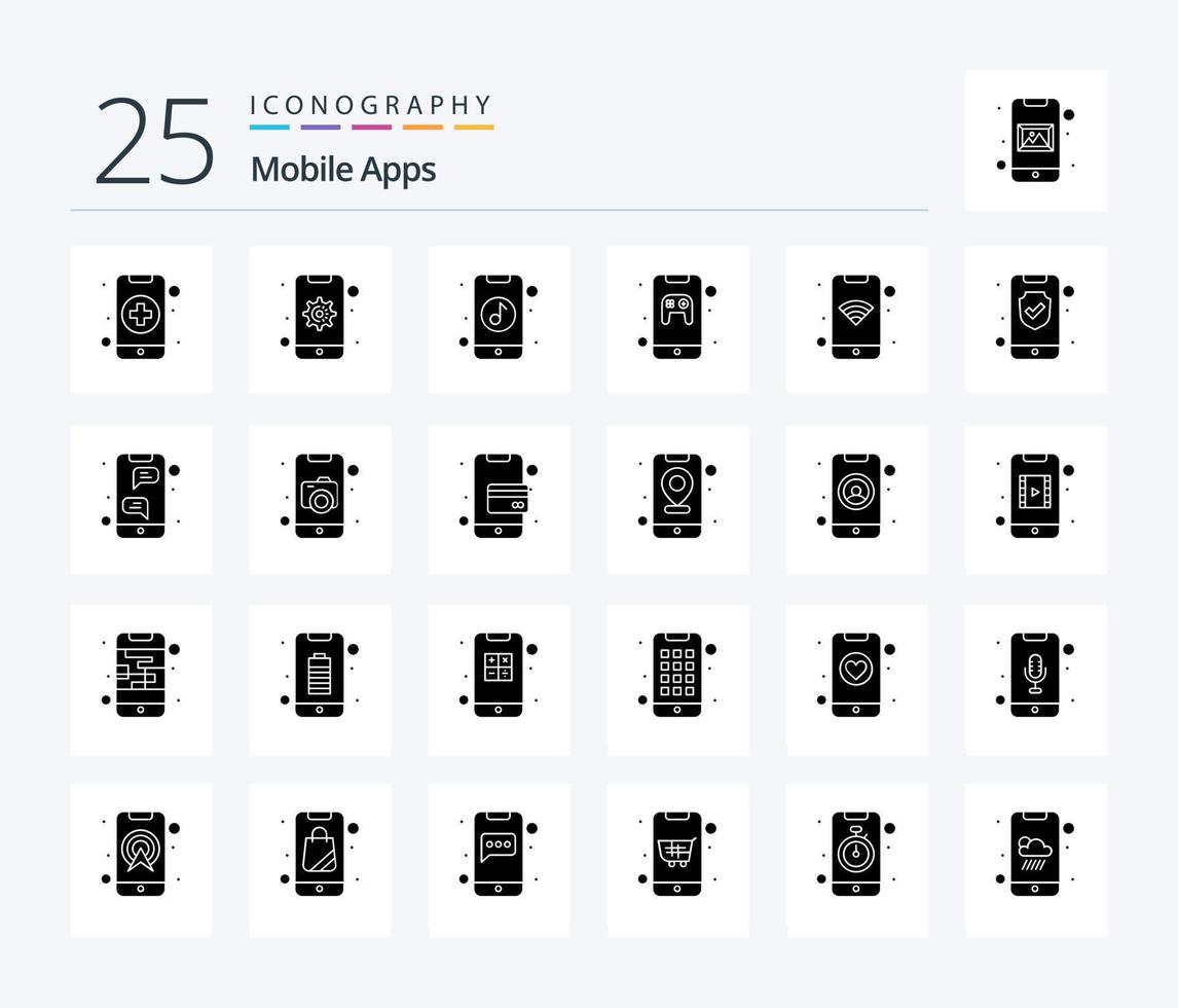 Mobile Apps 25 Solid Glyph icon pack including app. mobile. app. game. app vector