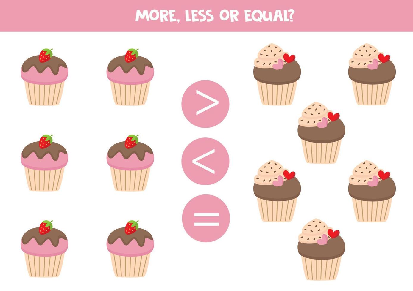 More, less or equal with cartoon cupcakes or muffins. vector