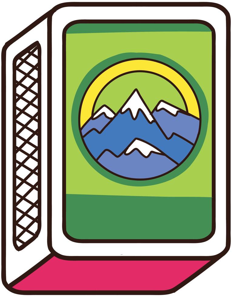 cajita de cerillas gráfico en isométrica ilustración estilo. rojo y verde partido caja con montaña diseño. vector