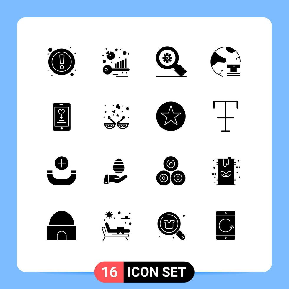 Set of 16 Vector Solid Glyphs on Grid for app network research database cloud Editable Vector Design Elements