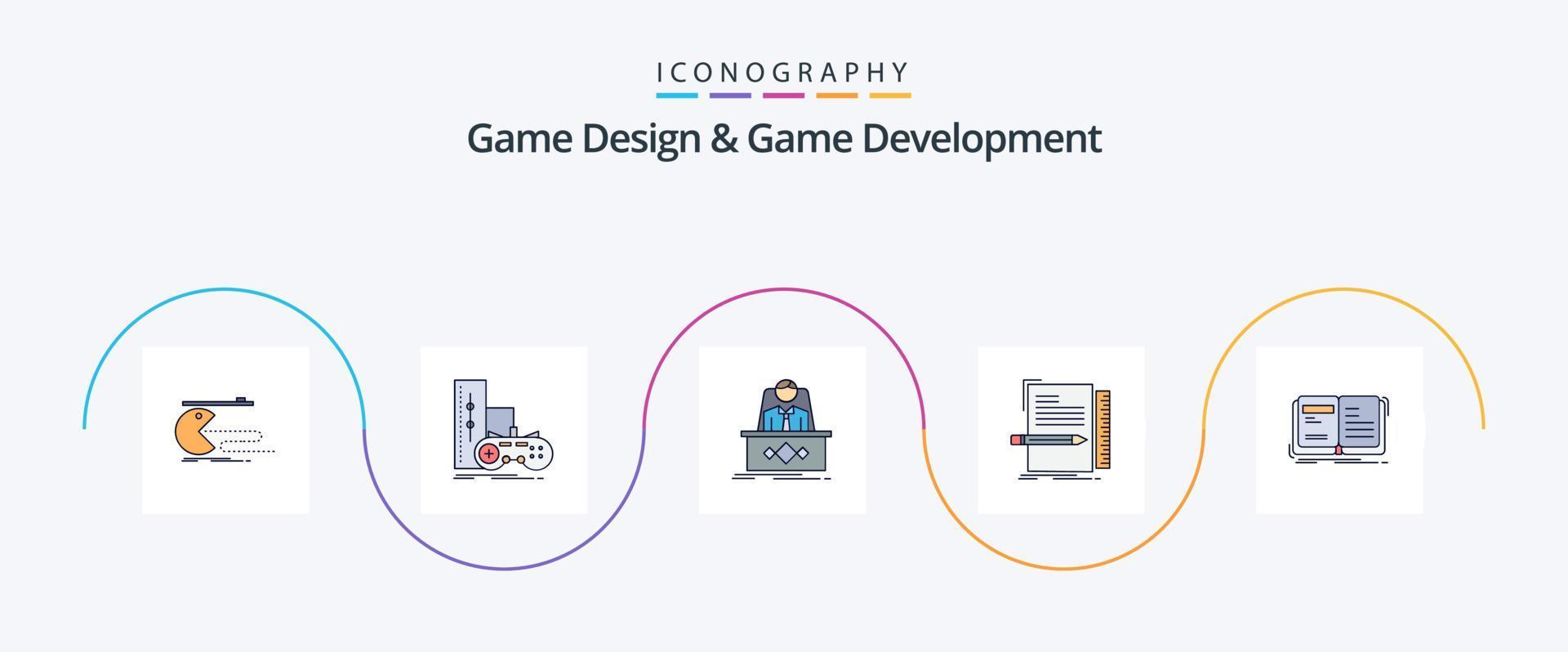 Game Design And Game Development Line Filled Flat 5 Icon Pack Including file. code. play. ceo. legend vector