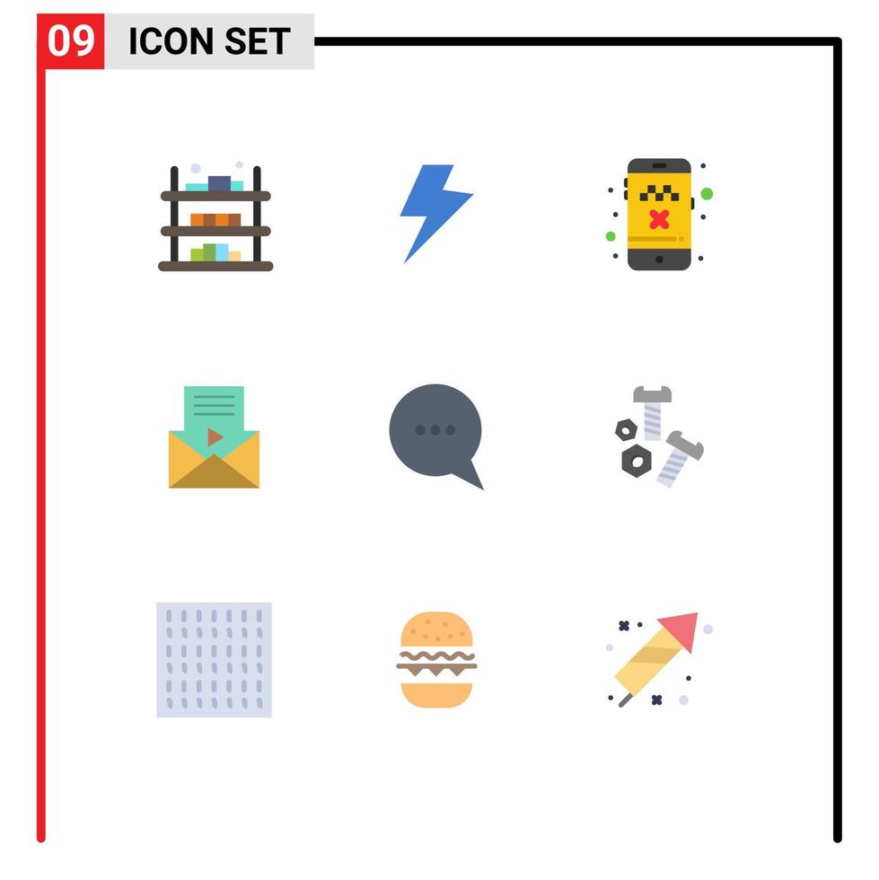 9 User Interface Flat Color Pack of modern Signs and Symbols of comment video player cab sms mail Editable Vector Design Elements