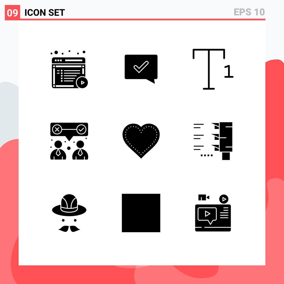 Set of 9 Vector Solid Glyphs on Grid for favorite love font heart team Editable Vector Design Elements