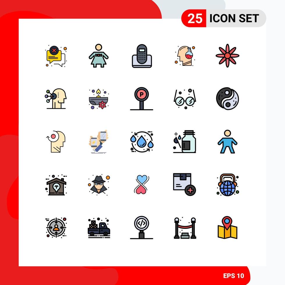 25 User Interface Filled line Flat Color Pack of modern Signs and Symbols of flower mind communication innovation head Editable Vector Design Elements