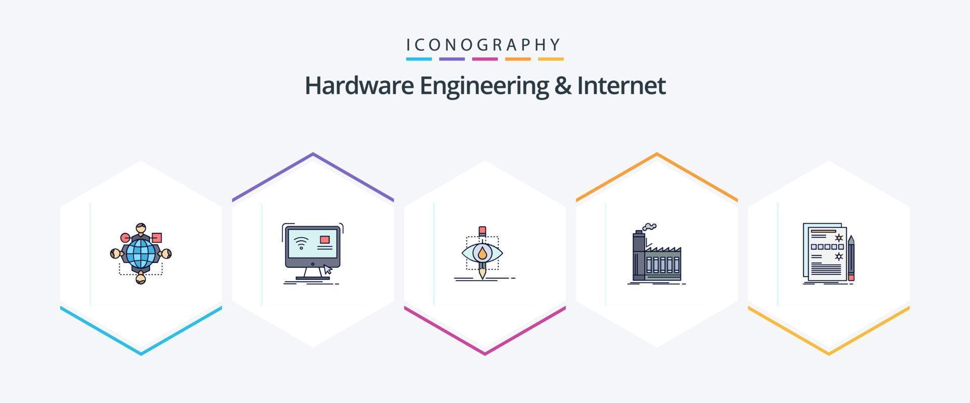 Hardware Engineering And Internet 25 FilledLine icon pack including industry. factory. remote. science. pollution vector