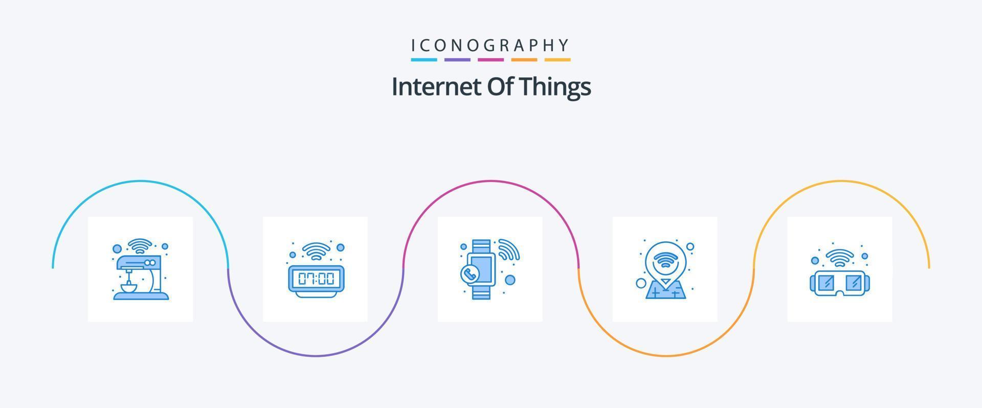 Internet de cosas azul 5 5 icono paquete incluso vaso. alfiler. mirar. mapa. reloj vector