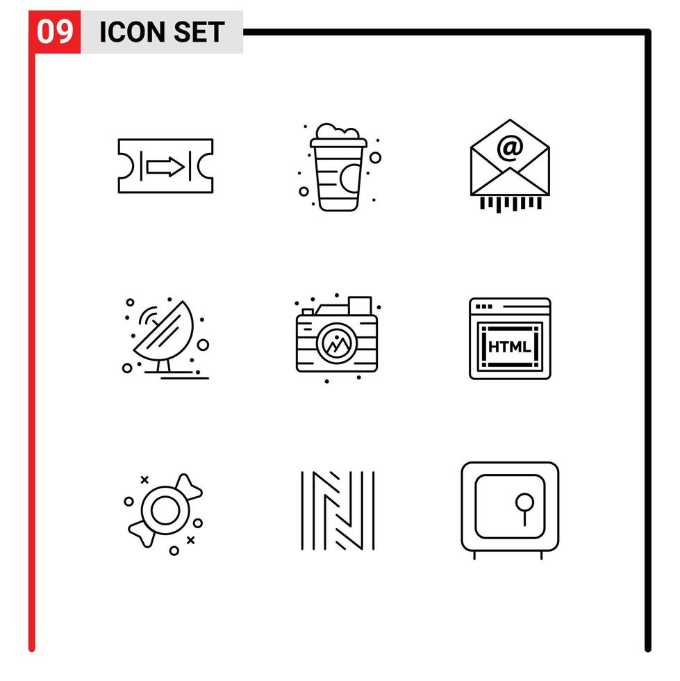 Stock Vector Icon Pack of 9 Line Signs and Symbols for camera creative mail science satellite Editable Vector Design Elements