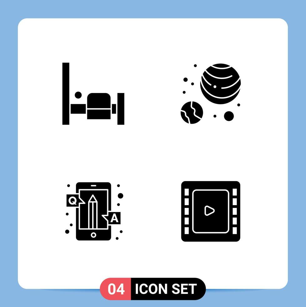 Pack of 4 creative Solid Glyphs of bed qa planets astronomy answers cienma tape Editable Vector Design Elements