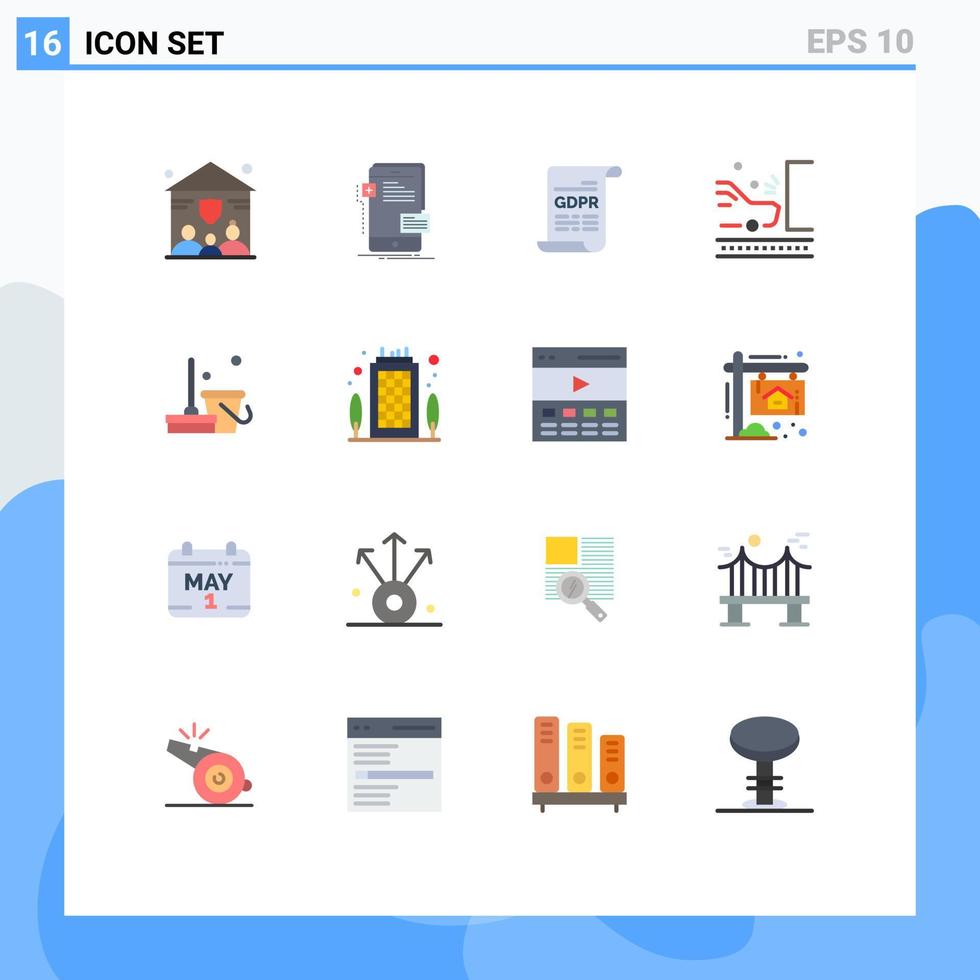 16 User Interface Flat Color Pack of modern Signs and Symbols of broom safety consent road accident Editable Pack of Creative Vector Design Elements