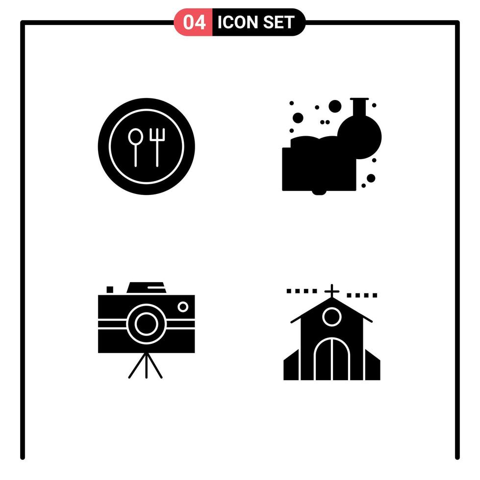 4 Thematic Vector Solid Glyphs and Editable Symbols of food handycam plate chemistry education professional camera Editable Vector Design Elements