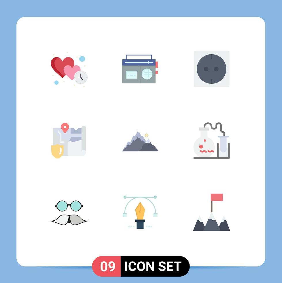 Universal Icon Symbols Group of 9 Modern Flat Colors of hill mountain media security map Editable Vector Design Elements