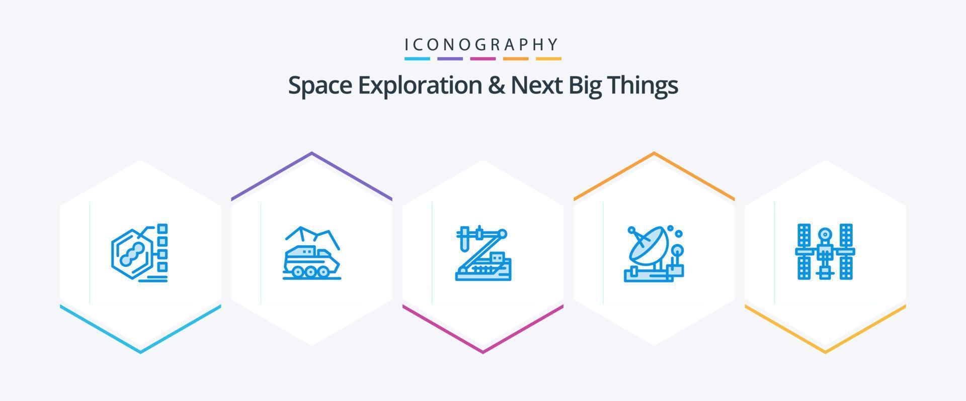 espacio exploración y siguiente grande cosas 25 azul icono paquete incluso parabólico. antena. superficie. investigación. genética vector