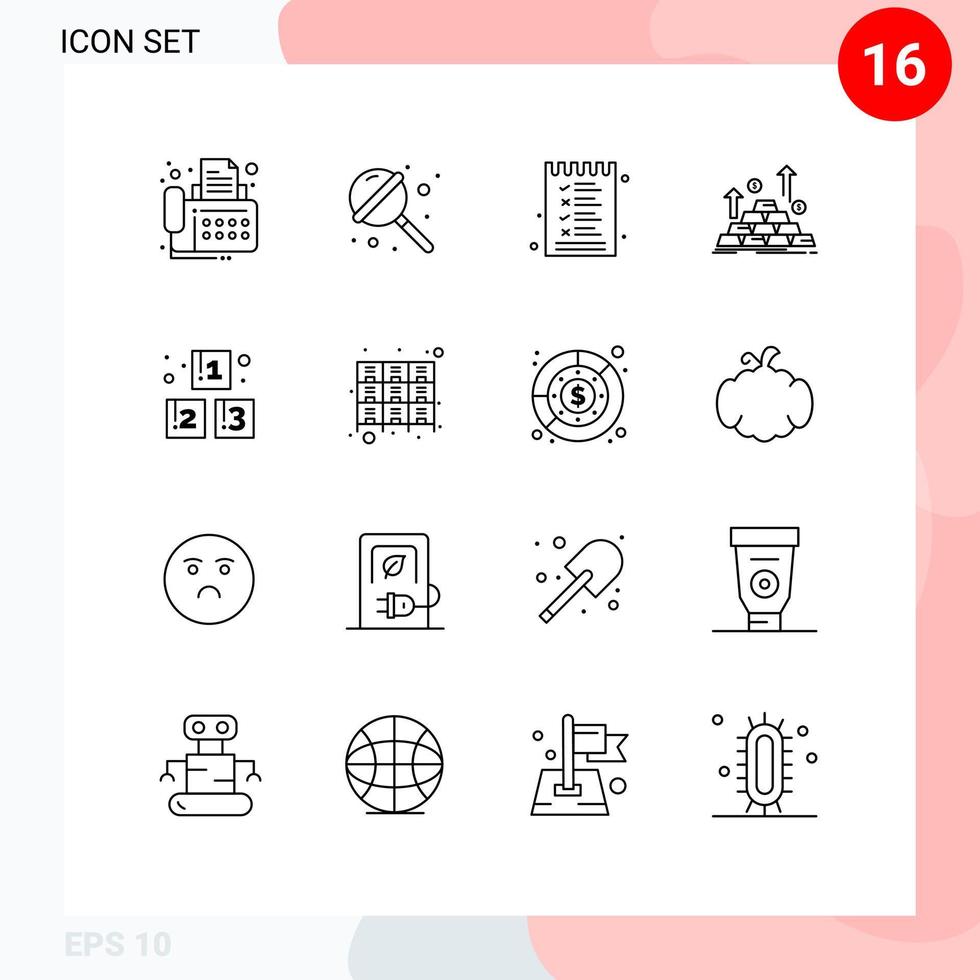 Set of 16 Modern UI Icons Symbols Signs for abc money food cash gold Editable Vector Design Elements