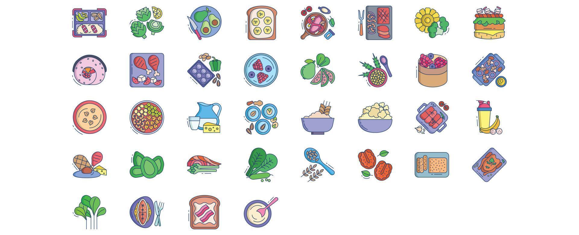 colección de íconos relacionados con alimentos proteicos, incluidos íconos como aguacate, tostadas, frutas y más. ilustraciones vectoriales, conjunto perfecto de píxeles vector