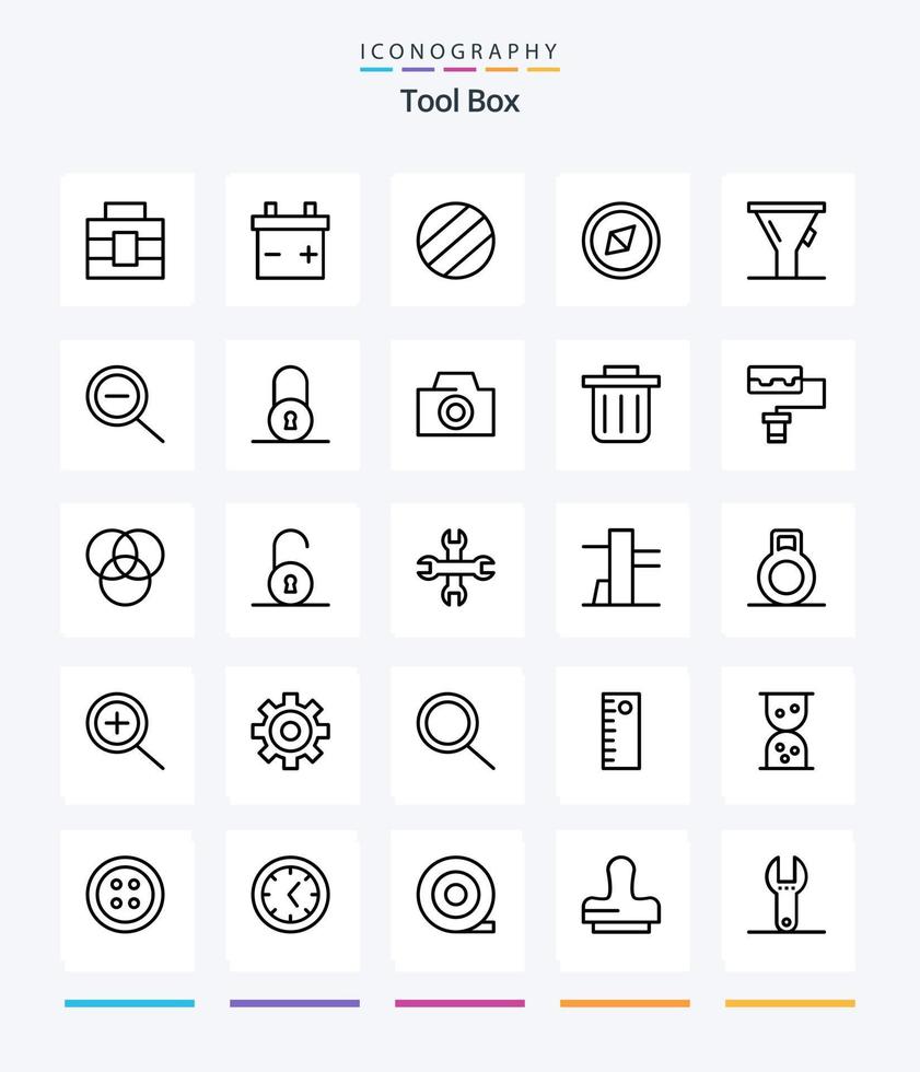 Creative Tools 25 OutLine icon pack  Such As camera. padlock. liter. circular. zoom vector